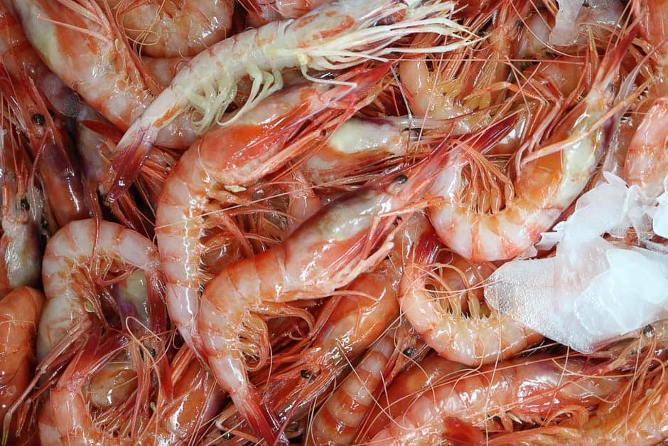 Preparing seafood, shrimps in the picture at the market