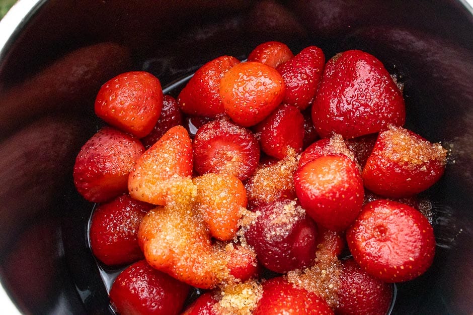 Strawberries with sugar before mixing