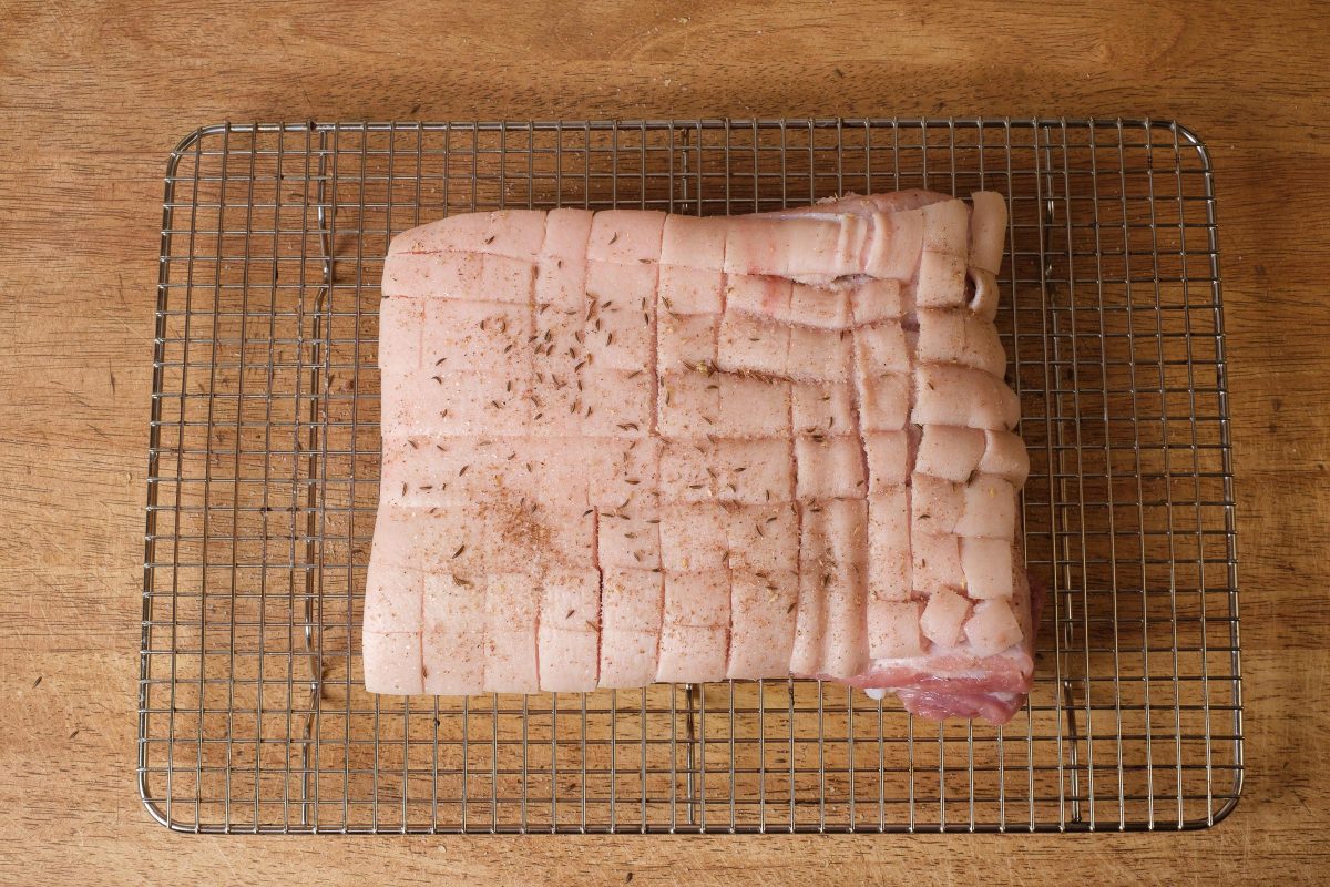 Roast pork seasoned on trellis
