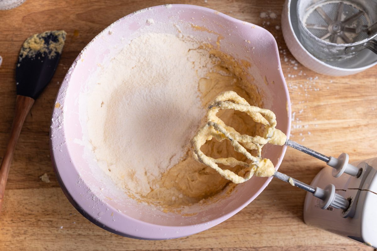 Add the remaining flour to the cake batter