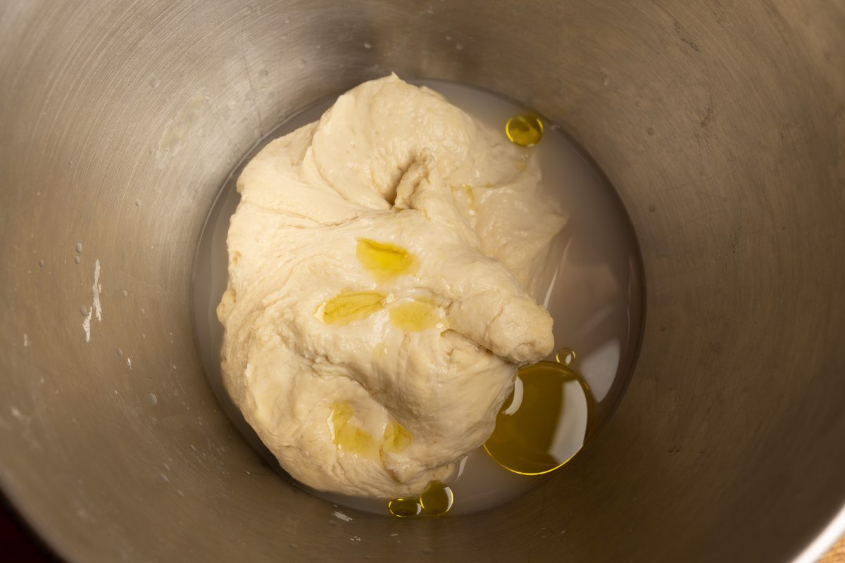 Olive oil and yeast water with flour dough
