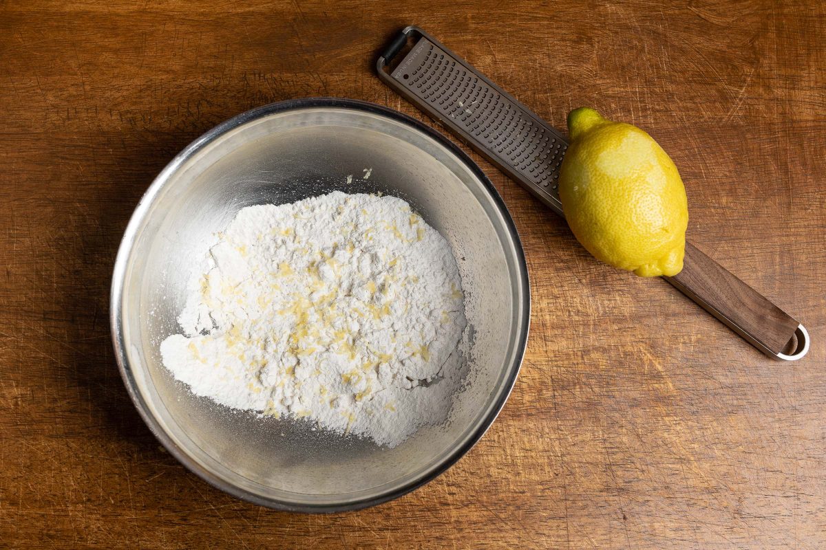 Flour with lemon zest for pancake batter