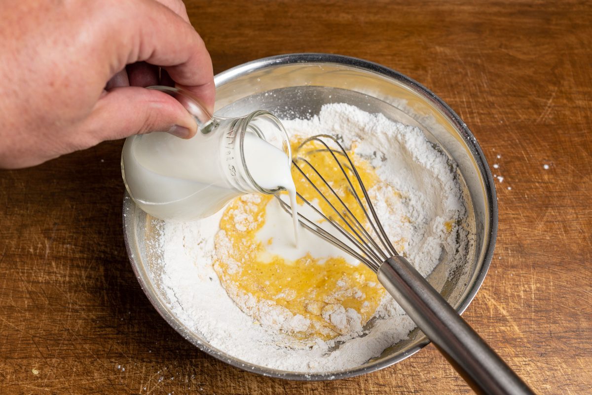 Whisk together milk for eggs and flour for pancake batter